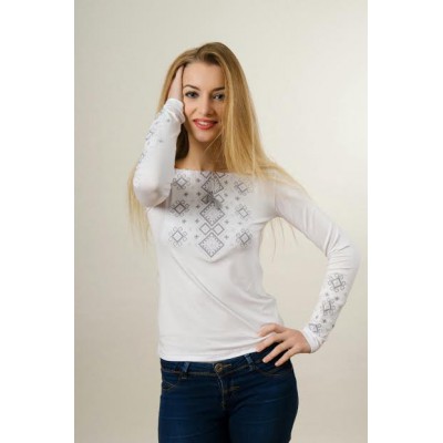 Embroidered t-shirt with long sleeves "Carpathian Ornament" gray on white